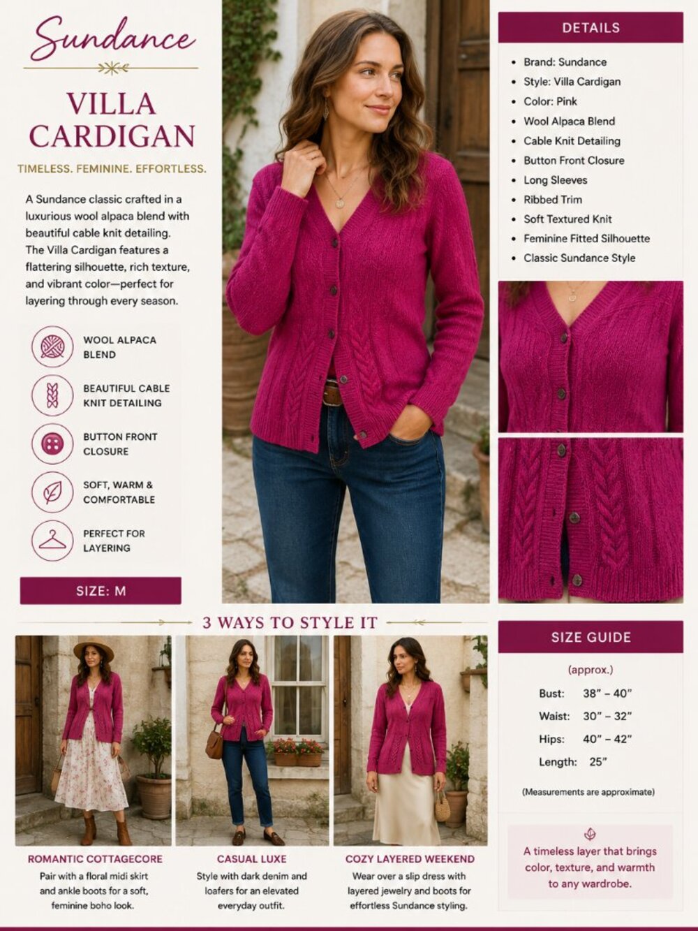 Sundance Pink Villa Cardigan Wool Alpaca Cable Knit Button Sweater Classic SZM